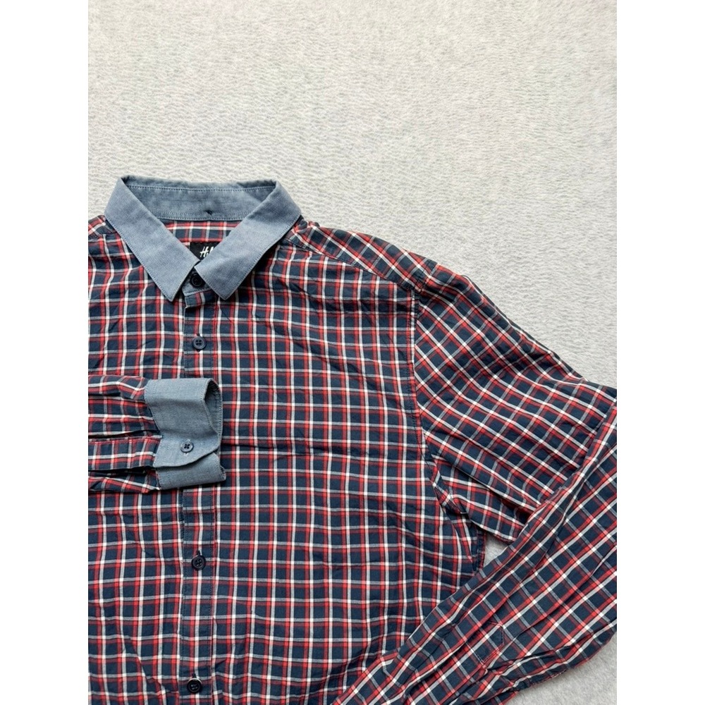 HM Mens Plaid Button Down Shirt Long Sleeve Navy Red Contrast Collar Small